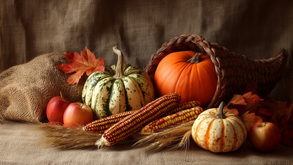 Traditional Thanksgiving Cornucopia Still Life with Harvest Vegetables and Fruits