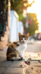 A calico kitten sits on a city street at golden hour
