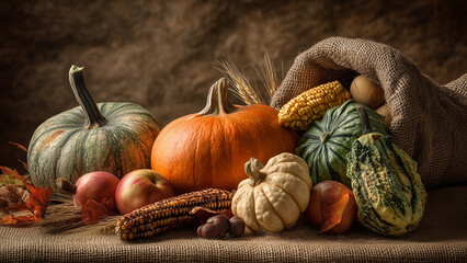 Traditional Thanksgiving Cornucopia Still Life with Harvest Vegetables and Fruits