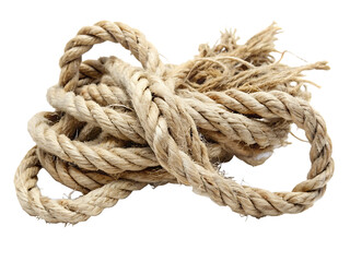 Fototapeta premium Tangled Natural Fiber Rope with Frayed Ends on White Background twine cord isolated on a transparent background