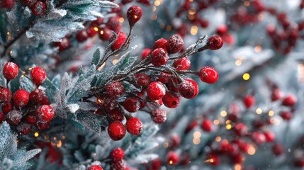 snowy christmas tree with festive lights and vibrant red berries details
