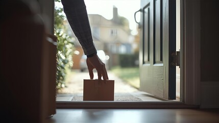 Unidentifiable person retrieving a small cardboard box from the doorstep, symbolizing contactless home delivery and the convenience of online shopping