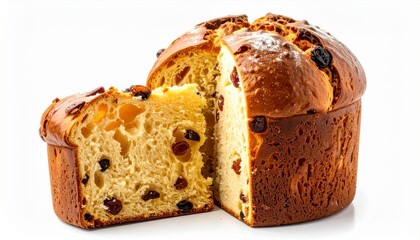 Delicious Panettone with Golden Crust and Raisins on White Background