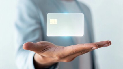 Innovative banking transition holographic credit card display in hand futuristic financial environment closeup perspective
