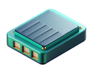 Isometric green and blue device with gold accents cool design modern minimalist style sleek technology component 3d illustration isolated on transparent background