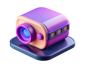 Isometric projector with purple accents and peach tone on a blue base3d illustration isolated on transparent background