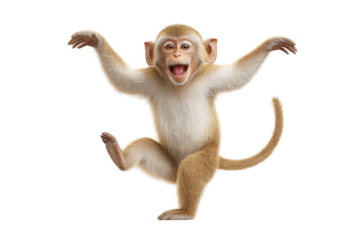 Playful baby monkey dancing with joy on black background, cut out