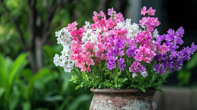 A group of blooming Matthiola flowers in various shades of pink, purple, and white arranged in a rustic ceramic pot