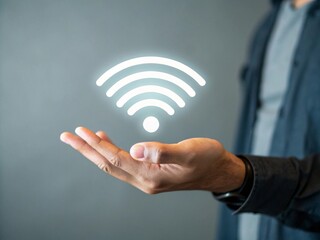 A hand presenting a glowing holographic wifi signal icon indoor setting digital art close-up view technology concept