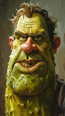 A caricature portrait of a man with a pickle-like body