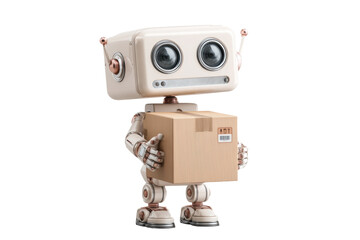 Cute robot with box: futuristic delivery technology, cut out