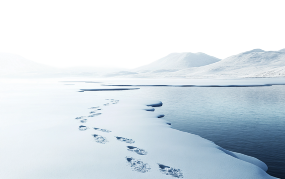 Frozen lake with animal footprints in snow portraying winter wilderness beauty tranquility and natural wonder isolated on transparent background PNG