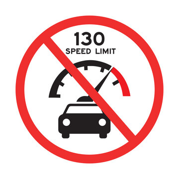 no overspeeding sign with red circle and slash, 130 speed limit warning, car and speedometer symbol