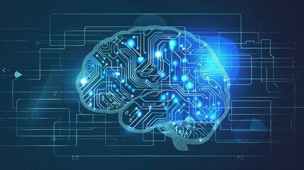 Blue neural brain circuit technology with glowing circuitry and digital data visualization for AI era