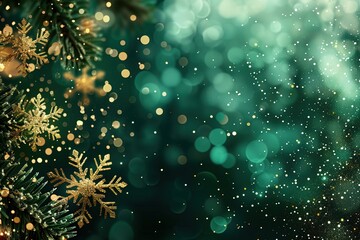 Golden Snowflakes and Green Bokeh Backdrop for Festive Holiday Celebration and Winter Decor