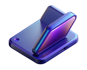 Modern flip phone design with purple screen and holographic edges3d illustration isolated on transparent background