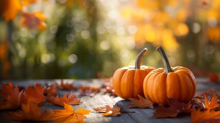 Thanksgiving decoration. Two pumpkins on wooden table with autumn leaves in sunlit fall scene. 