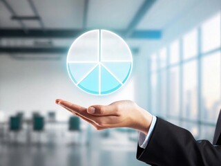 Presenting a glowing holographic pie chart icon above palm symbol of analytics in a modern office environment for data visualization and insights