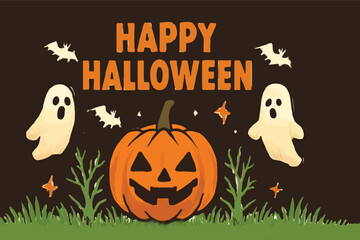 Spooky Halloween night with a scary pumpkin face, bats, and a full moon, perfect for a dark autumn holiday celebration card