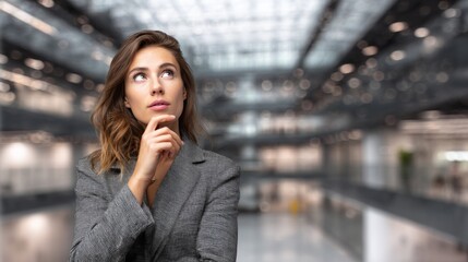 Thoughtful young caucasian woman in blurred modern office setting contemplating ideas. Workplace, businesswoman, planning, career. 