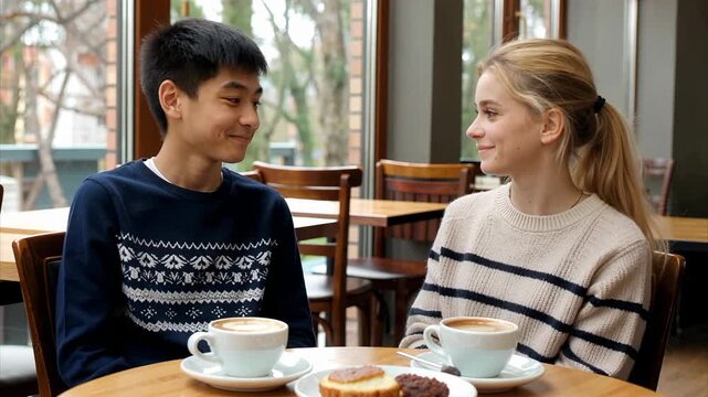 Young couple having a serious conversation over coffee in a cozy caf&eacute; sin título