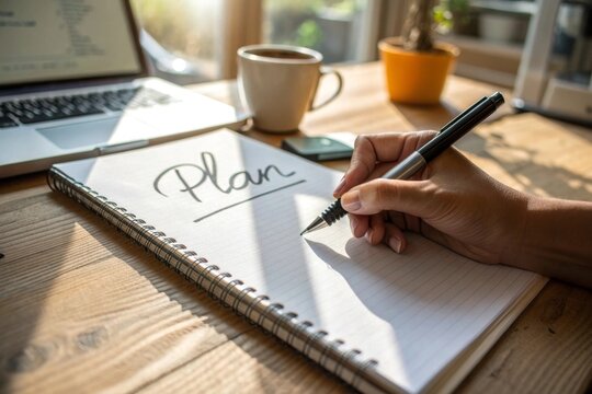 Hand writing plan in black ink on white notebook on wooden desk with coffee and laptop showcasing planning process in a cozy workspace