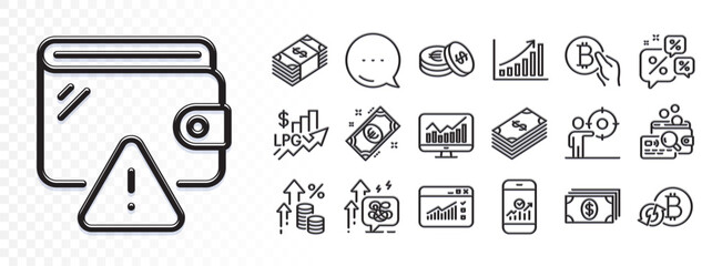 Statistics, Smartphone statistics and Usd currency line icons for web app. Glare of light effect. Message icon. Pack of Inspect, Discounts chat, Refresh bitcoin pictogram icons. Vector