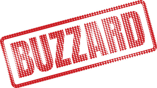 Red halftone dotted frame spells BUZARD diagonally on a bright white background