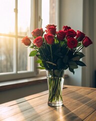 Arranging a vibrant bouquet of fresh red roses in a clear glass vase on a rustic wooden table capturing the beauty of nature's elegance