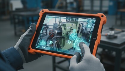 field technician hands holding a rugged, industrial tablet.tablet screen displays an augmented reality AR overlay showing repair instructions or internal diagrams superimposed onto a physical machine.
