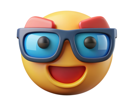 Playful yellow emoji with blue glasses and devil horns laughing expression 3d illustration isolated on transparent background