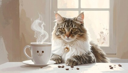 A cat enjoying coffee by a window
