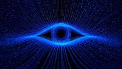 Abstract glowing blue eye shape with radiating lines and digital patterns creating a futuristic and mysterious cosmic or technological concept