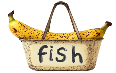 Creative banana labeled as fish in lunchbox highlighting fun surreal concept and imaginative visual storytelling isolated on transparent background PNG