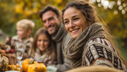 Happy Family Celebrating Thanksgiving Outdoors with Autumn Picnic and Pumpkins