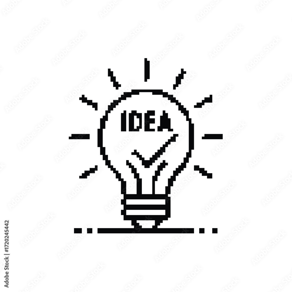 Poster pixelated lightbulb with idea text and checkmark concept for creative solutions vector illustration