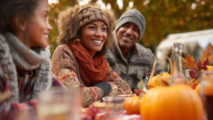 Happy Family Celebrating Thanksgiving Outdoors with Autumn Picnic and Pumpkins