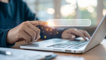 User interaction with holographic search bar home office digital technology focus modern workspace close-up view futuristic concept