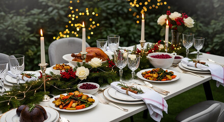 Christmas table setting, new year festive dining outdoors in a garden restaurant, christmas food and decorations, banquet, candles and lights, elegant table layout with fir tree branches and flowers.
