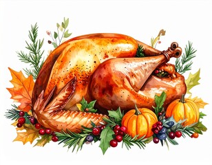 Watercolor Roasted Turkey Dinner Composition with Pumpkins Autumn Leaves and Berries on White Background