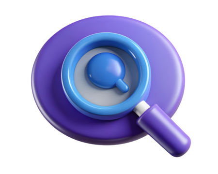 Purple and blue magnifying glass icon search symbol 3d illustration isolated on transparent background