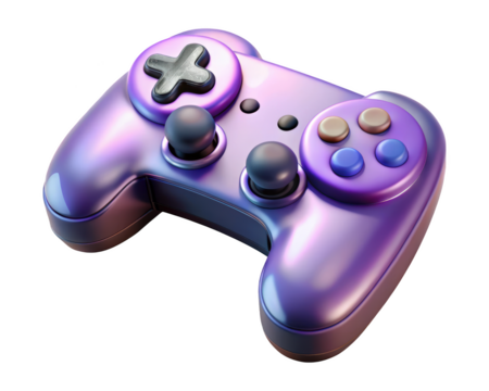 Purple glossy video game controller design for modern entertainment and gaming enthusiasts 3d illustration isolated on transparent background
