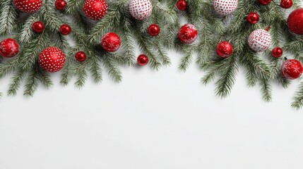 christmas tree branches with red and white ornaments on an isolated background top view with white space for text 