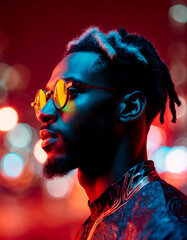 Urban Night Portrait of a Man With Neon Colored Glasses and Dreadlocks Under City Lights