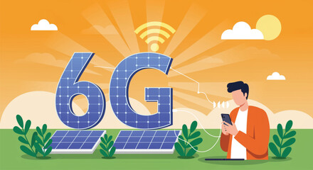 A vibrant illustration showcasing 6G technology with solar panels integrated into the 