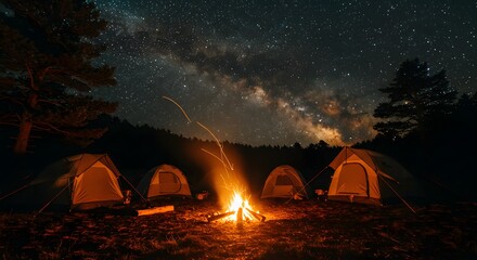 Tents around campfire under starry night sky