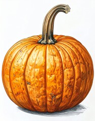 Detailed Watercolor Illustration of a Ripe Orange Pumpkin with Long Stem on White Background