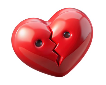 Red broken heart with two eyes,valentines day symbol of sadness,heartbreak and pain,alone 3d illustration isolated on transparent background