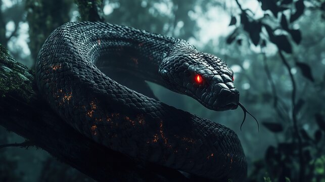 a realistic looking snake, very evil vibe, coiled around a tree branch, and in position to strike. background is a creepy forest, 
