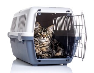 A cat sits inside a plastic pet carrier